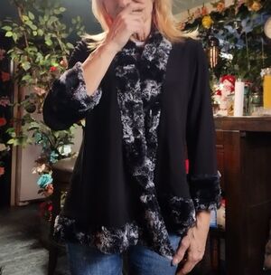 Joseph Ribkoff Black Faux Fur Trim Wrap Jacket